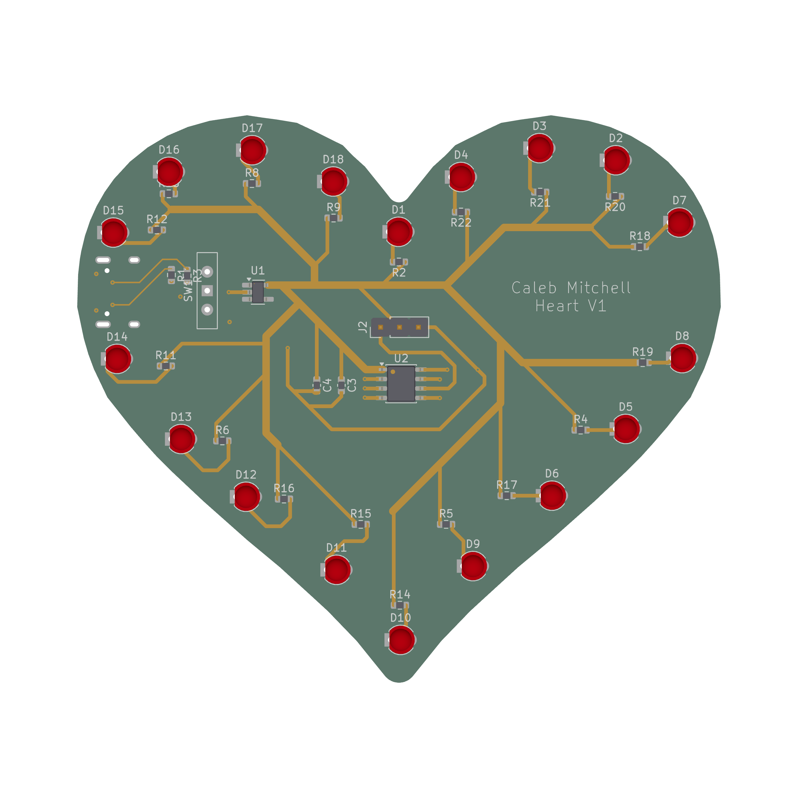Top-down view of the heart-shaped PCB with perimeter LEDs