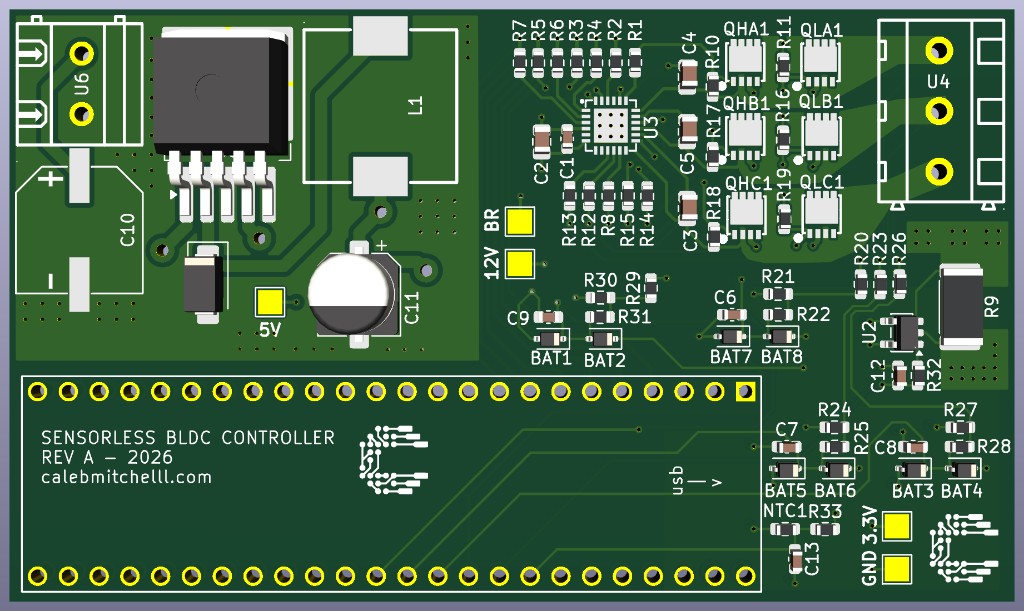 Final 3D render of the brushless DC motor controller PCB