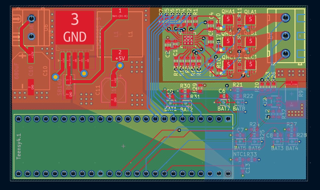 Bottom copper layer (blue) of the BLDC controller PCB