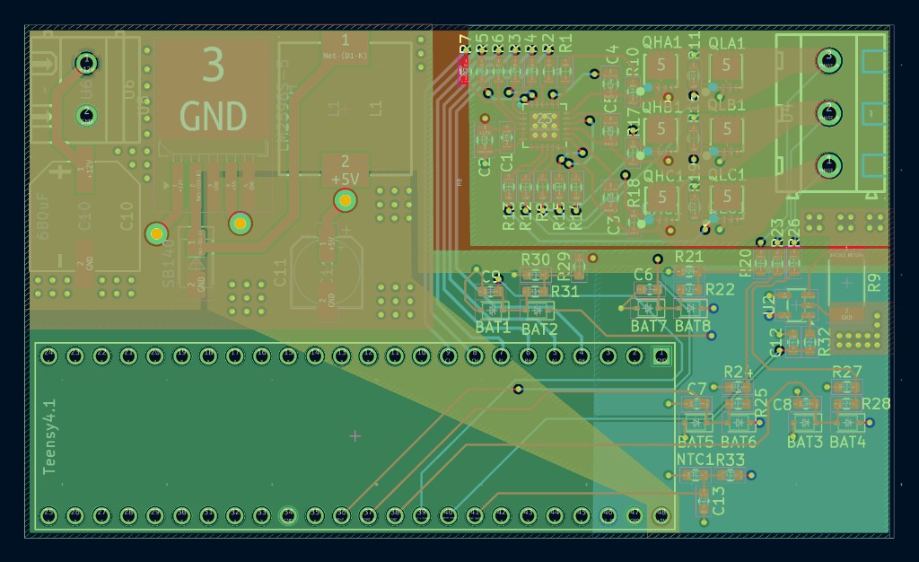 Ground copper layer (green) showing split logic and power grounds
