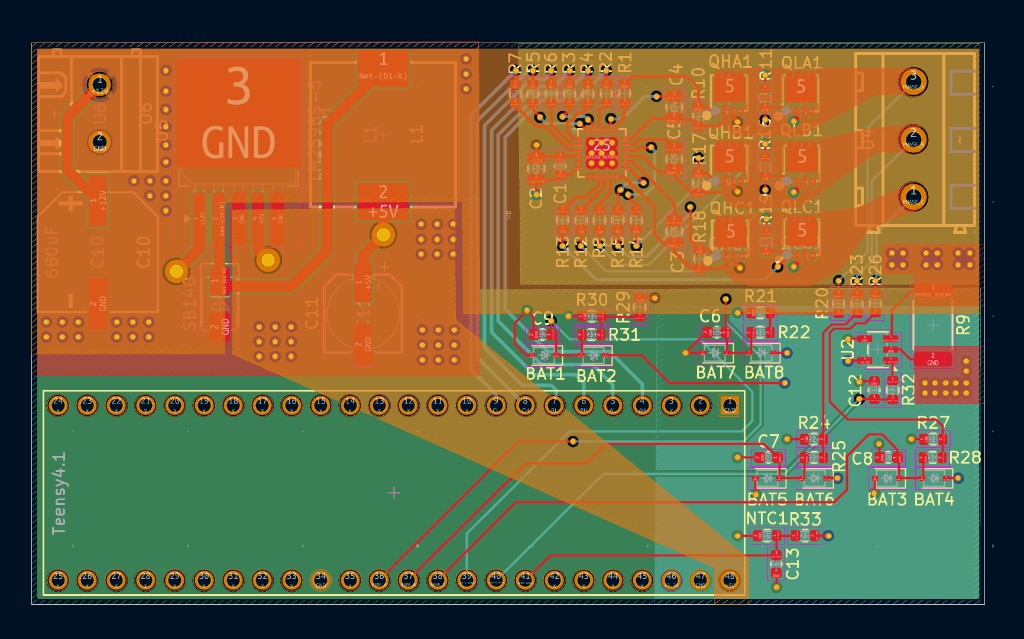 Power copper layer (orange) of the BLDC controller PCB