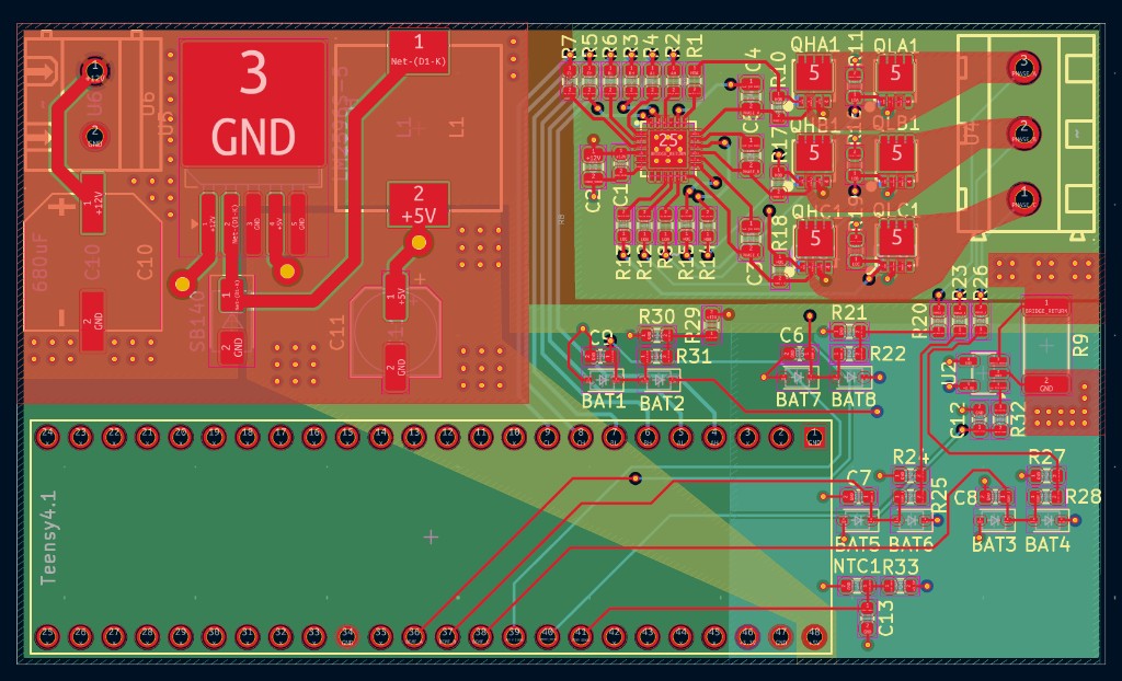 Top copper layer (red) of the BLDC controller PCB
