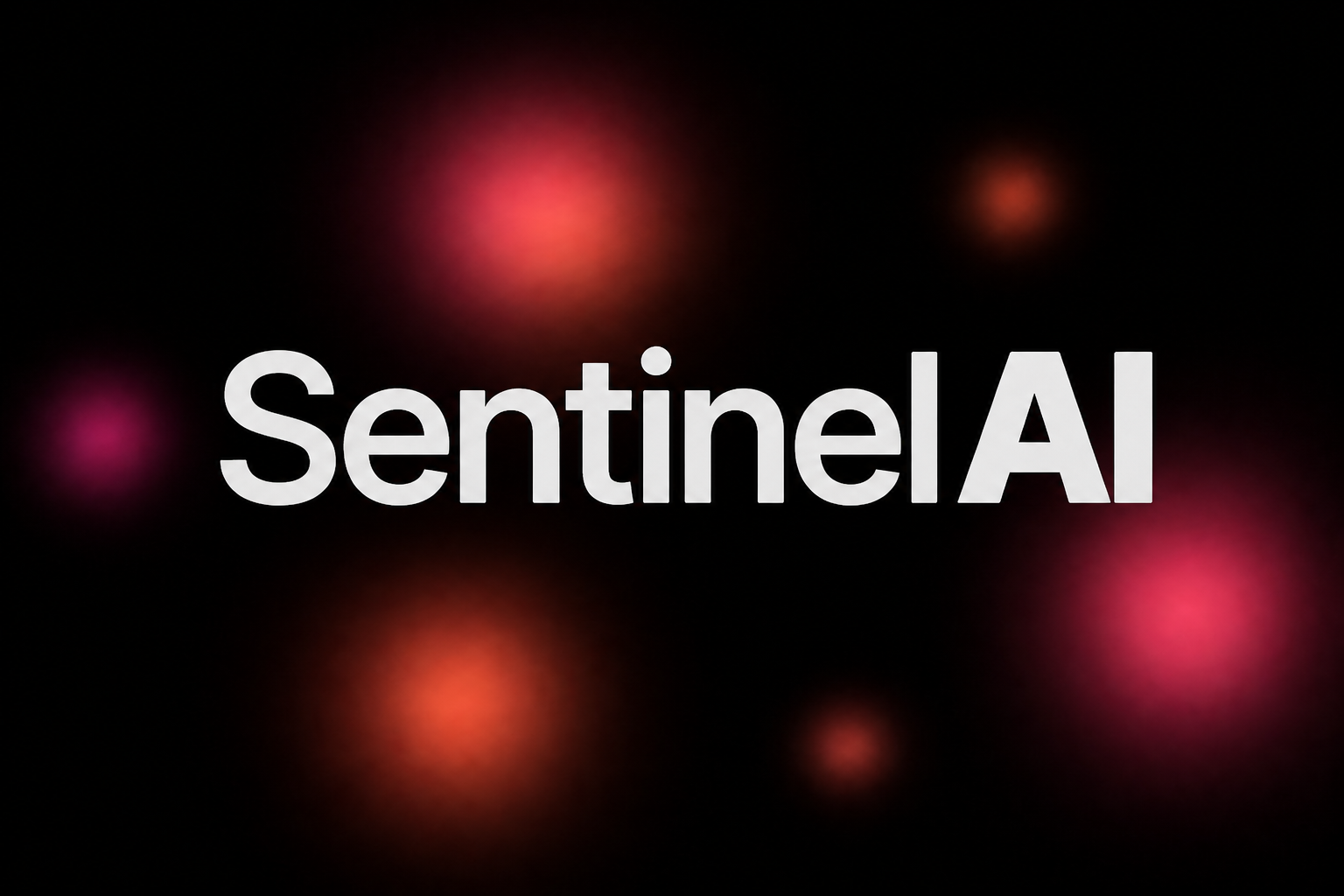 Sentinel AI wordmark on black with soft pink-orange glow orbs